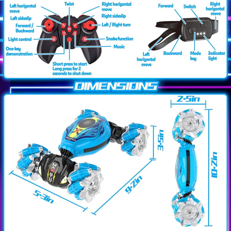 Gesture-Controlled RC Stunt Car with Light & Music for Kids