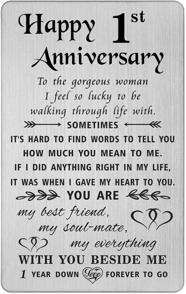 1st Anniversary Engraved Metal Wallet Insert Card for Her