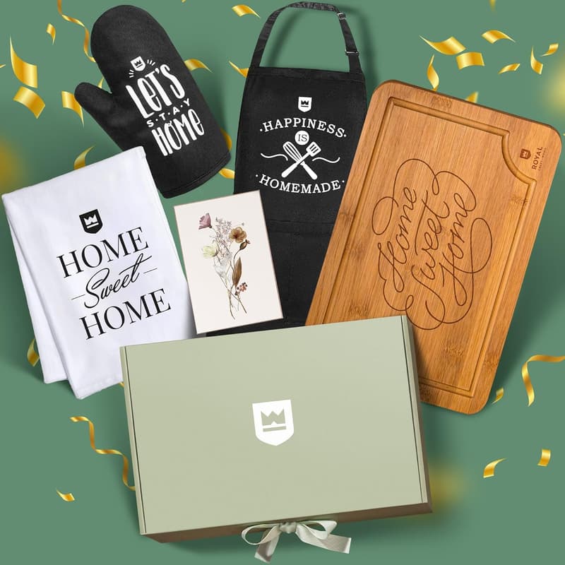 Housewarming Gift Set: Royal Craft Wood Cutting Board with Towel & Apron