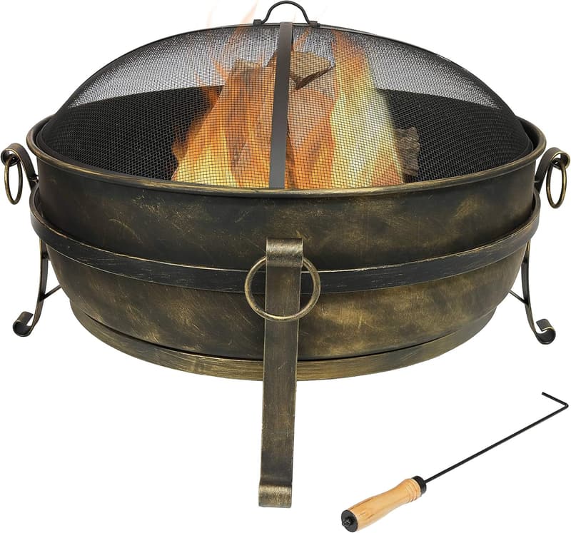 Outdoor Fire Pit Bowl - 34-Inch Cauldron Style with Screen & Tools