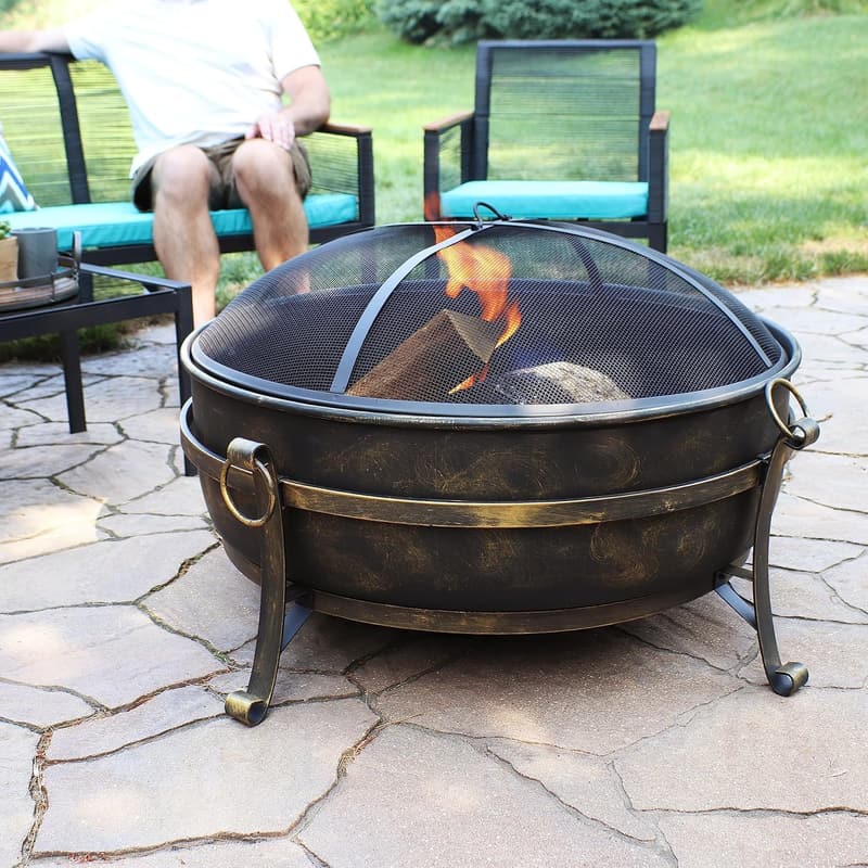 Outdoor Fire Pit Bowl - 34-Inch Cauldron Style with Screen & Tools