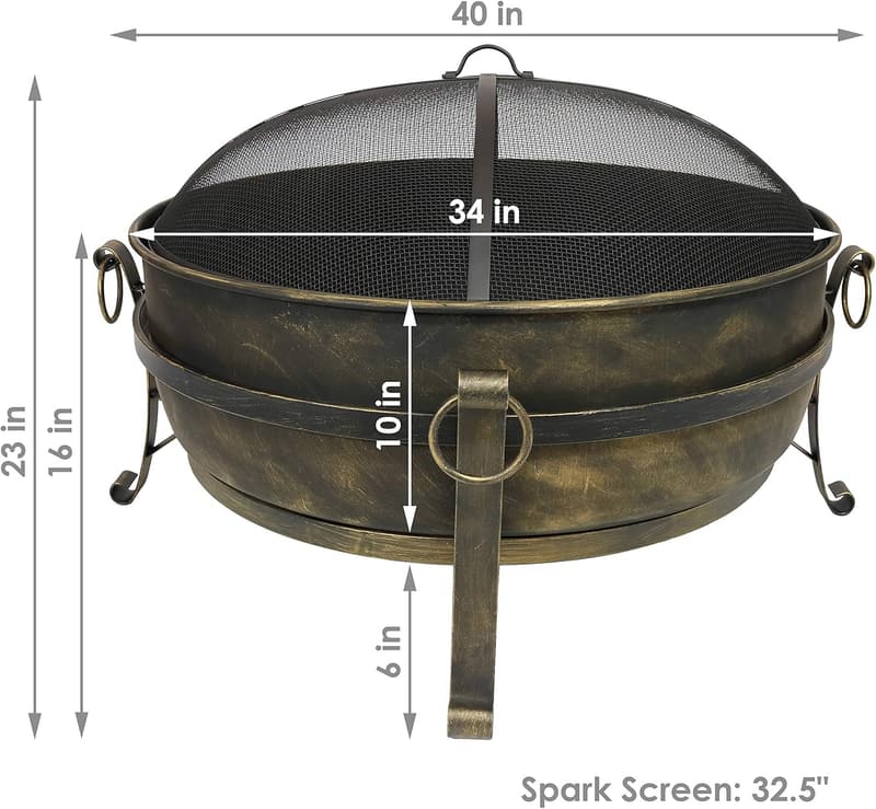 Outdoor Fire Pit Bowl - 34-Inch Cauldron Style with Screen & Tools