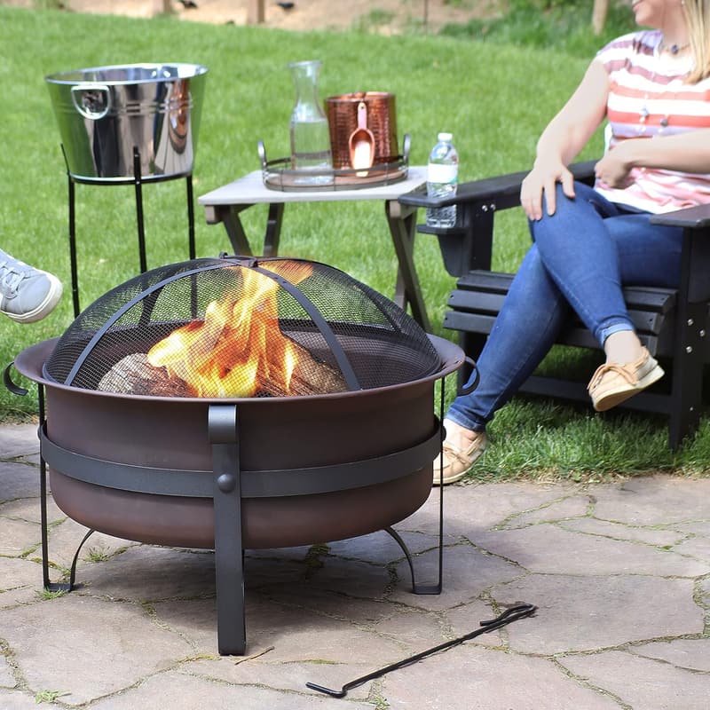 29-Inch Bronze Wood-Burning Outdoor Fire Pit with Poker & Screen