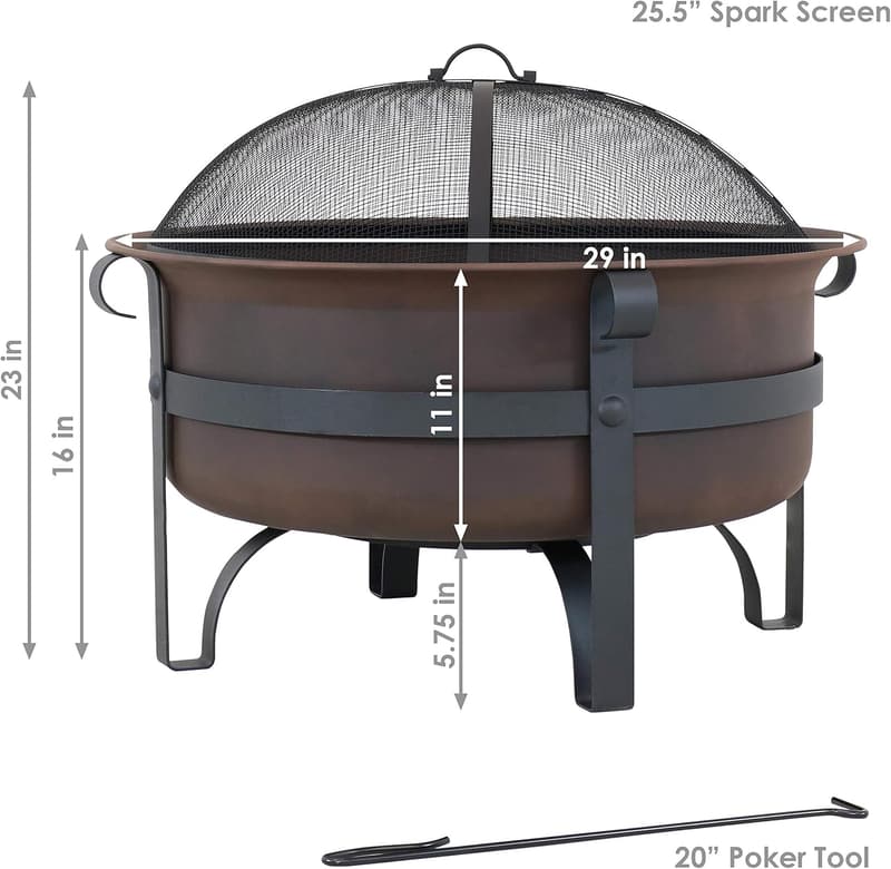 29-Inch Bronze Wood-Burning Outdoor Fire Pit with Poker & Screen