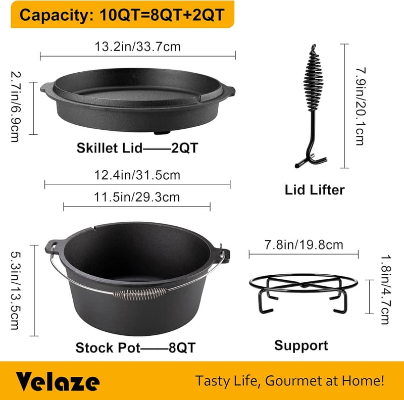 10QT Pre-Seasoned Cast Iron Dutch Oven for Camping