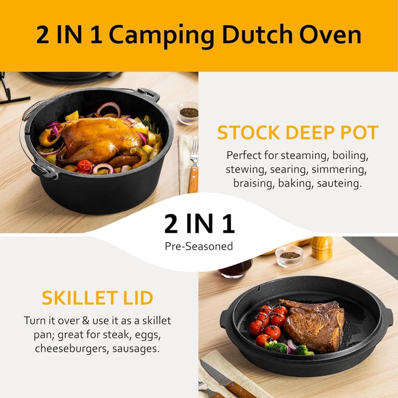 10QT Pre-Seasoned Cast Iron Dutch Oven for Camping