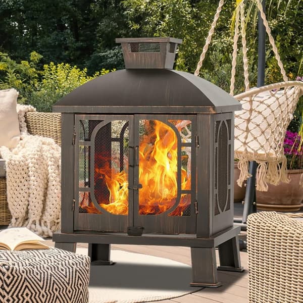 Outdoor Metal Chiminea Fire Pit with Grill and Spark Screen
