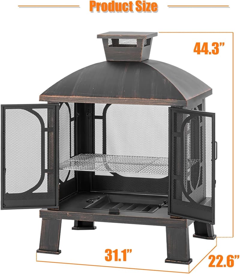 Outdoor Metal Chiminea Fire Pit with Grill and Spark Screen