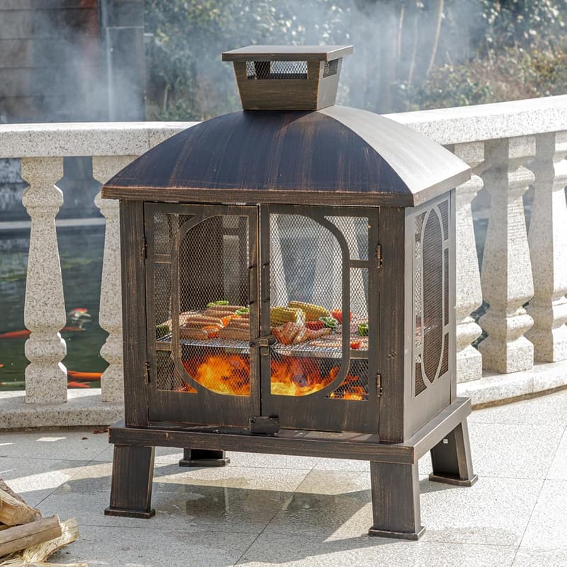Outdoor Metal Chiminea Fire Pit with Grill and Spark Screen