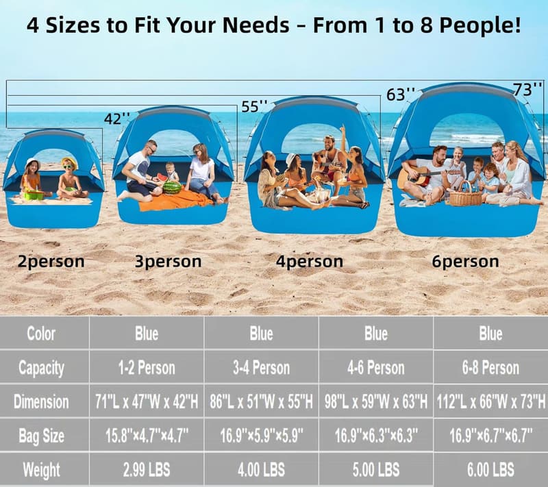Portable Beach Tent for 6-8 with UPF 50+ UV Protection