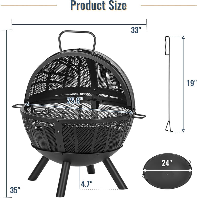 35 Inch Heavy Duty Outdoor Fire Pit with BBQ Grill & Spark Screen