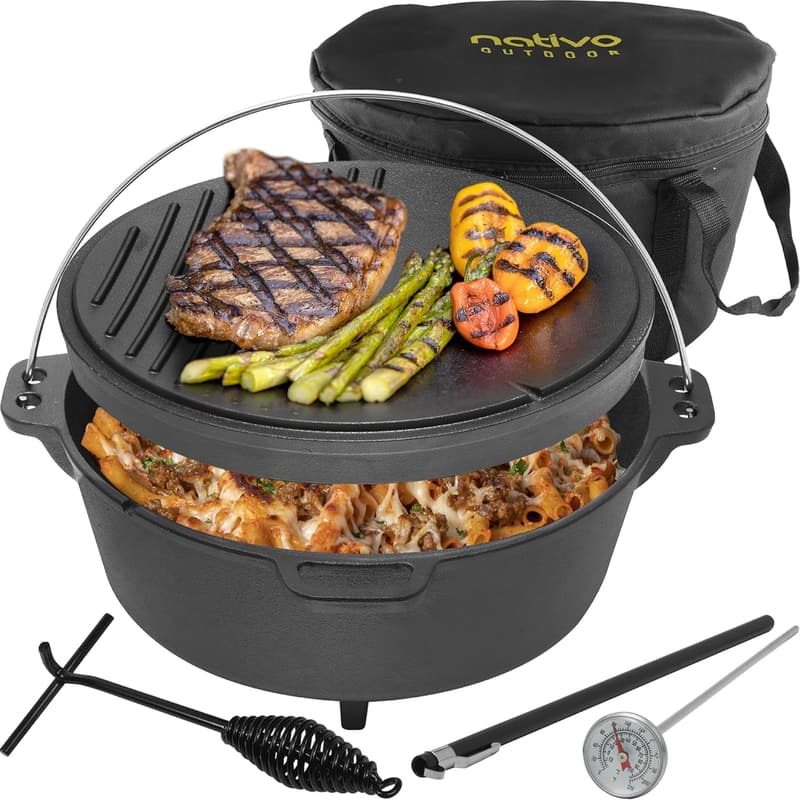 Outdoor Cast Iron Dutch Oven Pot with Lid for Camping - 6QT