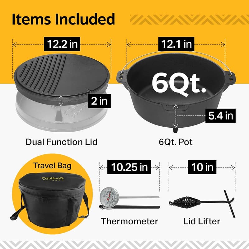 Outdoor Cast Iron Dutch Oven Pot with Lid for Camping - 6QT