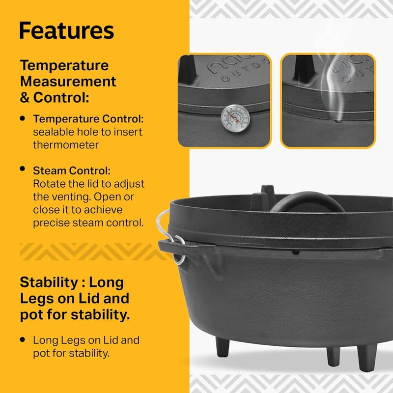 Outdoor Cast Iron Dutch Oven Pot with Lid for Camping - 6QT