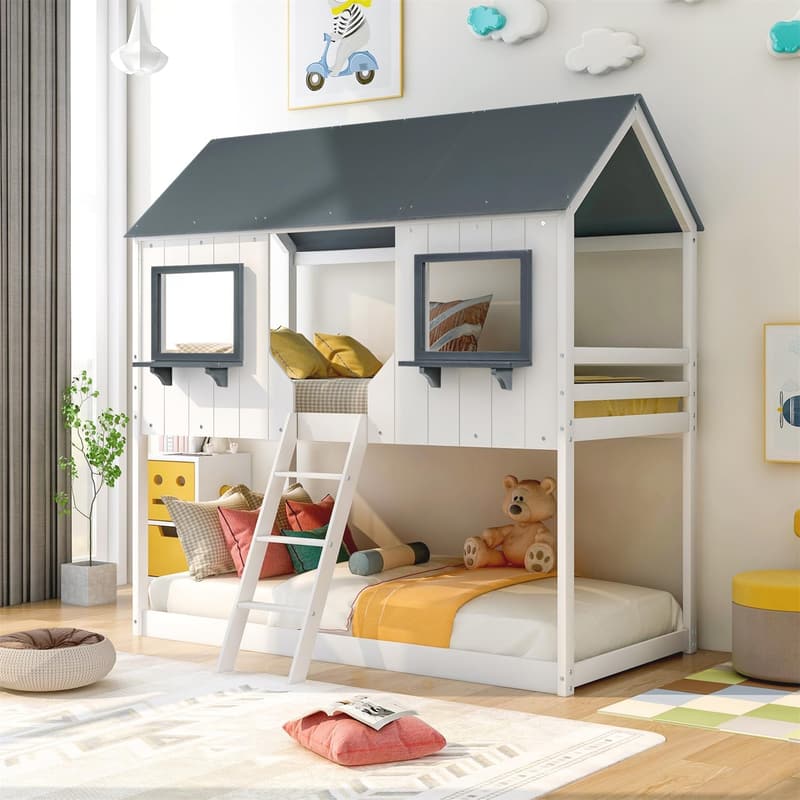 Wooden House Low Bunk Bed with Roof and Shelves, White