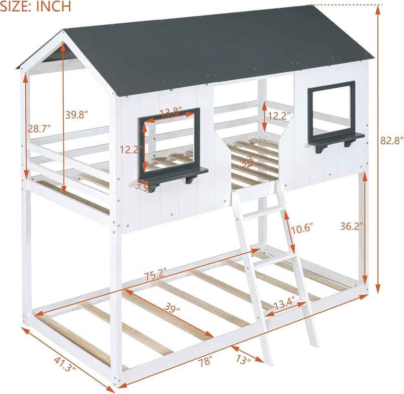 Wooden House Low Bunk Bed with Roof and Shelves, White