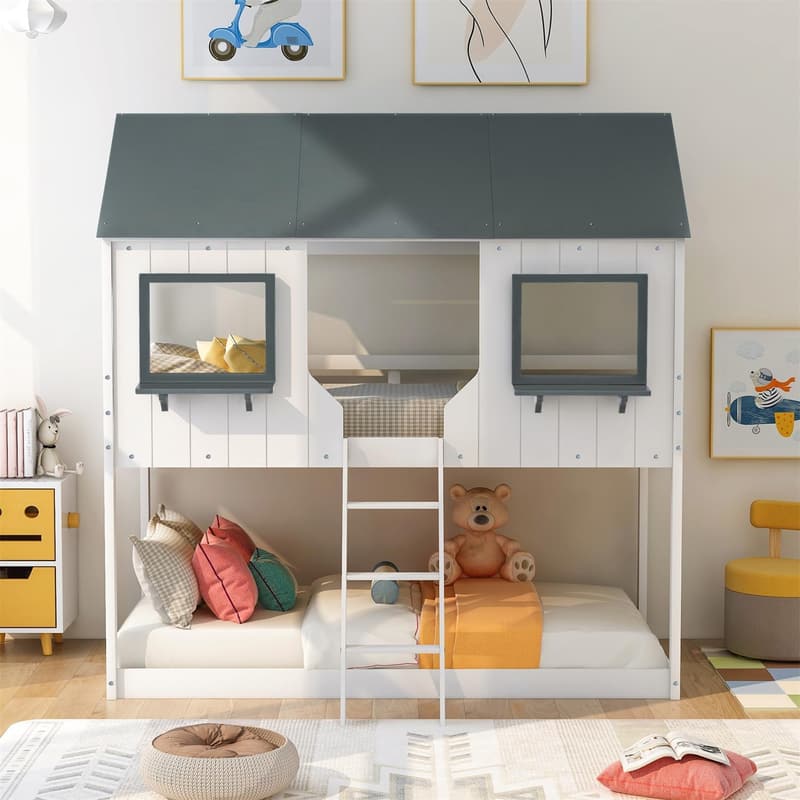 Wooden House Low Bunk Bed with Roof and Shelves, White