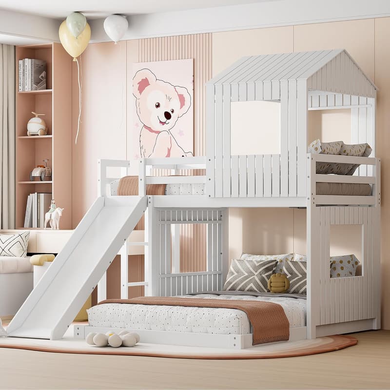 White Twin Over Full Bunk Bed with Roof & Slide