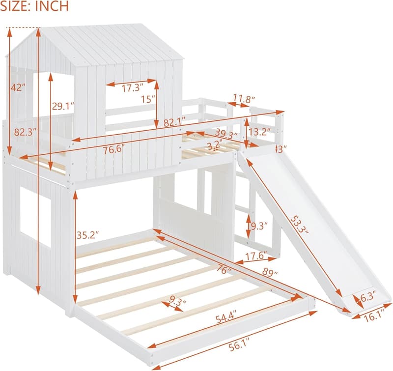 White Twin Over Full Bunk Bed with Roof & Slide