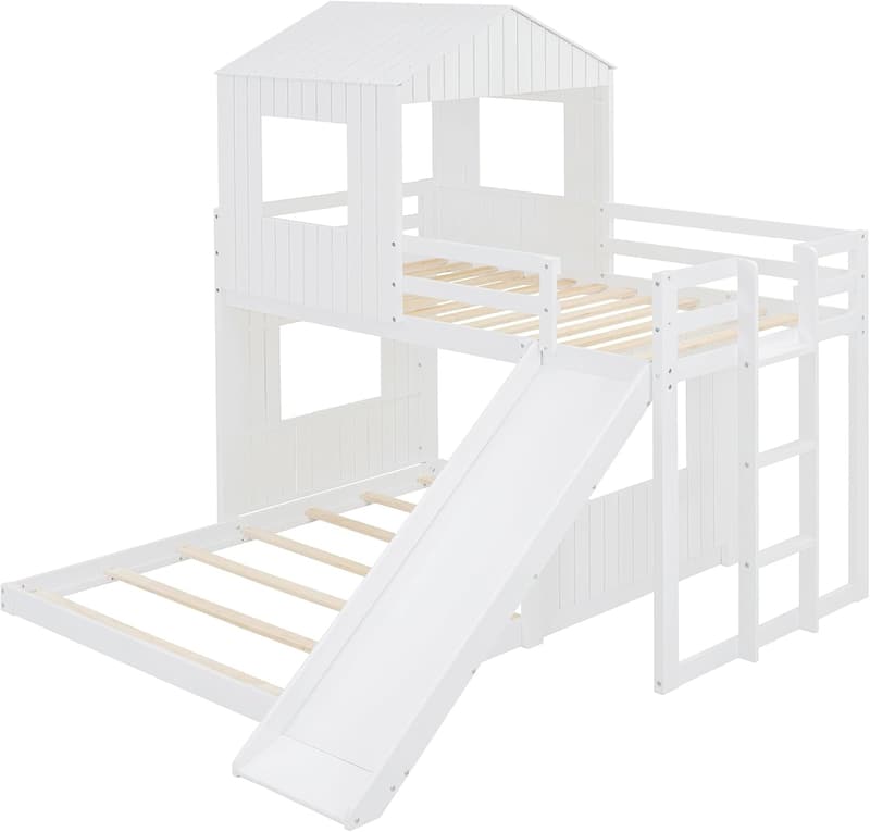 White Twin Over Full Bunk Bed with Roof & Slide