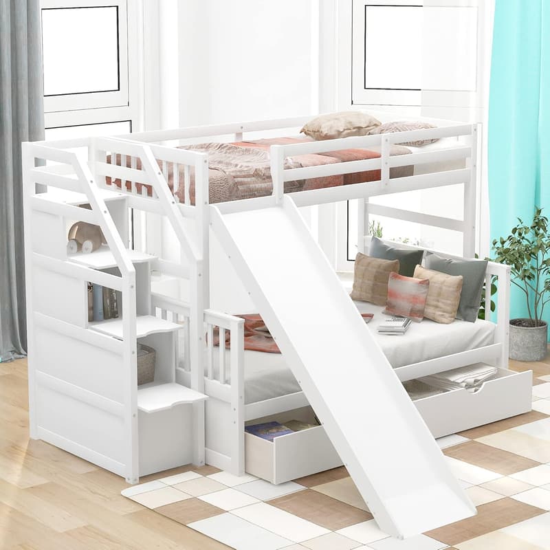 Wood Twin Over Full Bunk Bed with Slide & Staircase for Kids