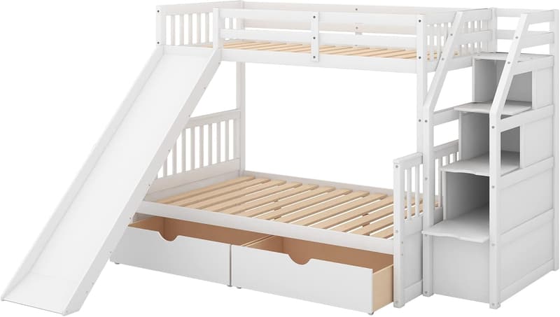 Wood Twin Over Full Bunk Bed with Slide & Staircase for Kids