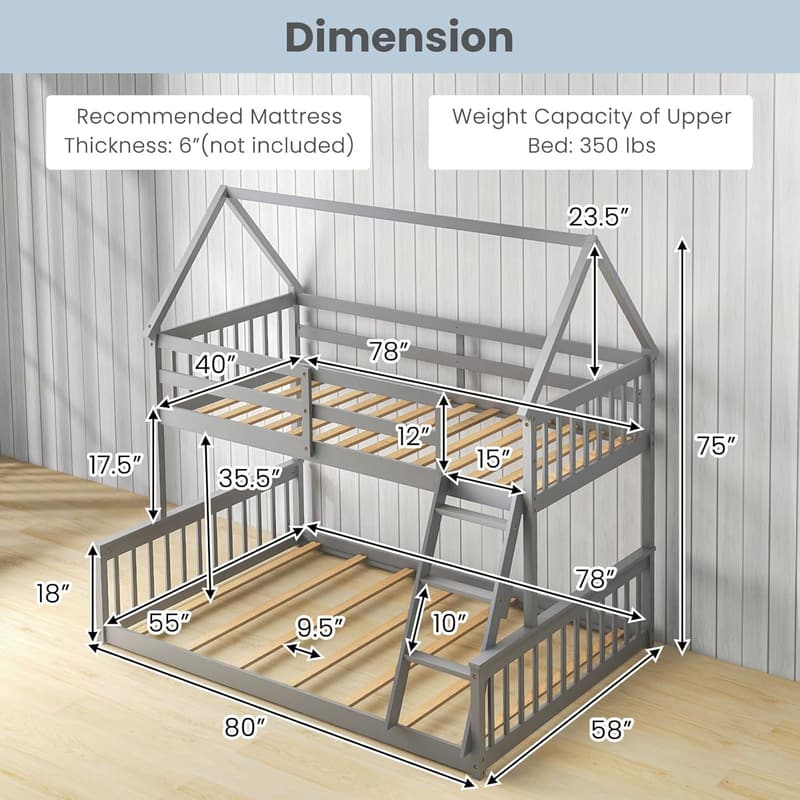 Kids' House Bunk Bed Frame, Solid Pine, No Box Spring Needed