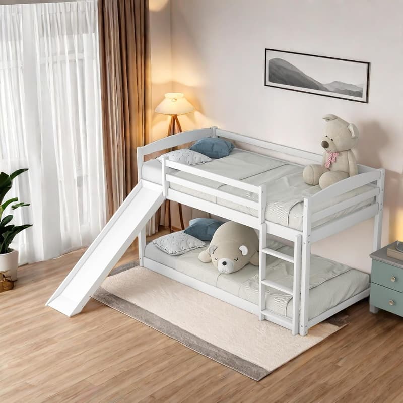 White Twin Over Twin Low Bunk Bed with Slide and Guardrails