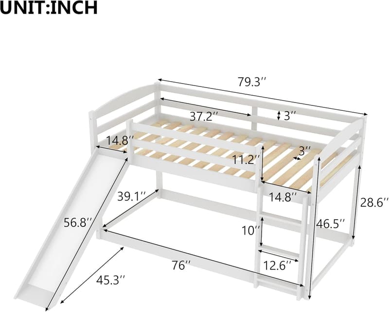 White Twin Over Twin Low Bunk Bed with Slide and Guardrails