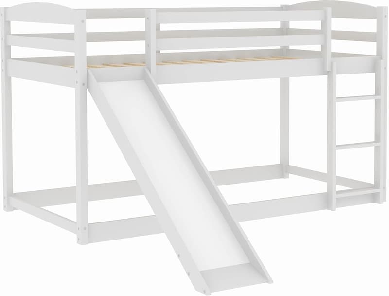 White Twin Over Twin Low Bunk Bed with Slide and Guardrails