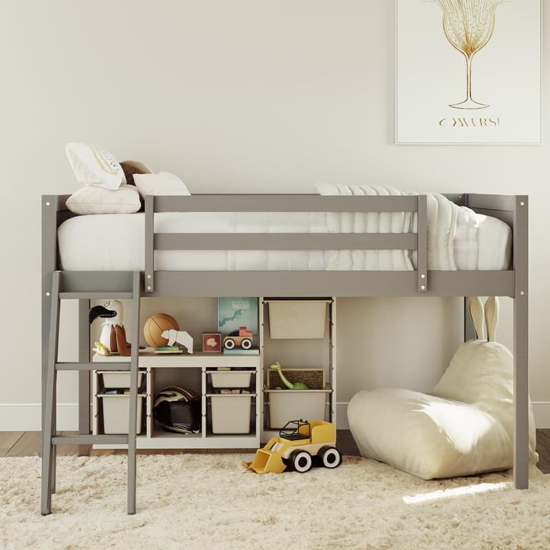 Low Loft Bed for Kids & Teens - Space-Saving Grey Wood