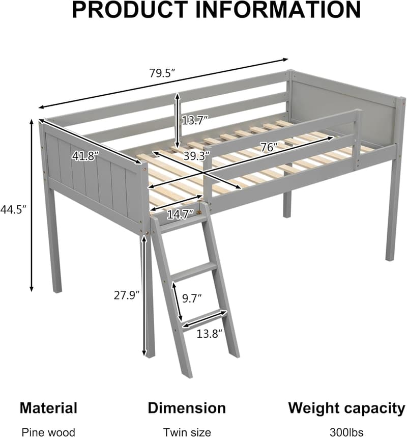 Low Loft Bed for Kids & Teens - Space-Saving Grey Wood