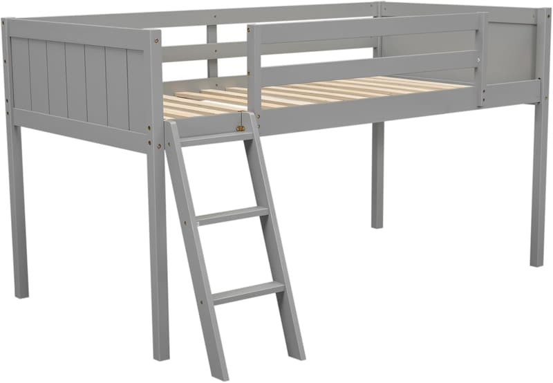 Low Loft Bed for Kids & Teens - Space-Saving Grey Wood