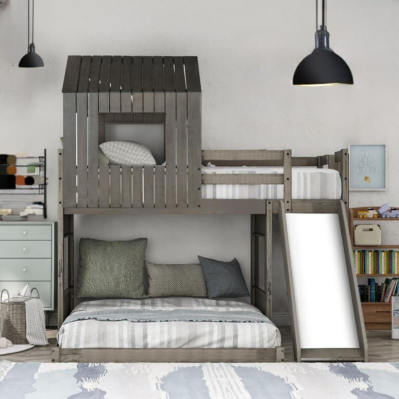 Kids' Twin Over Full Bunk Bed with Slide & Playhouse, Antique Grey