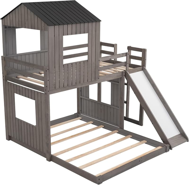 Kids' Twin Over Full Bunk Bed with Slide & Playhouse, Antique Grey