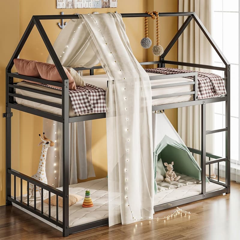 Twin House-Shaped Bunk Bed Frame with Ladder, Black