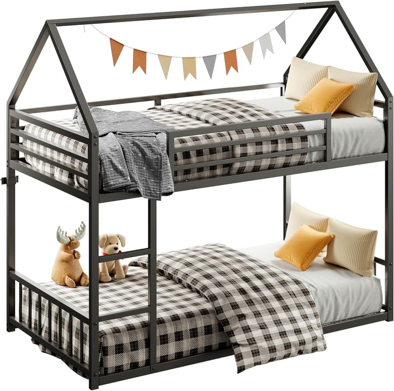 Twin House-Shaped Bunk Bed Frame with Ladder, Black