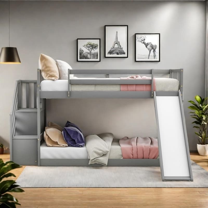 Kids Twin Over Twin Bunk Bed with Stairs and Slide