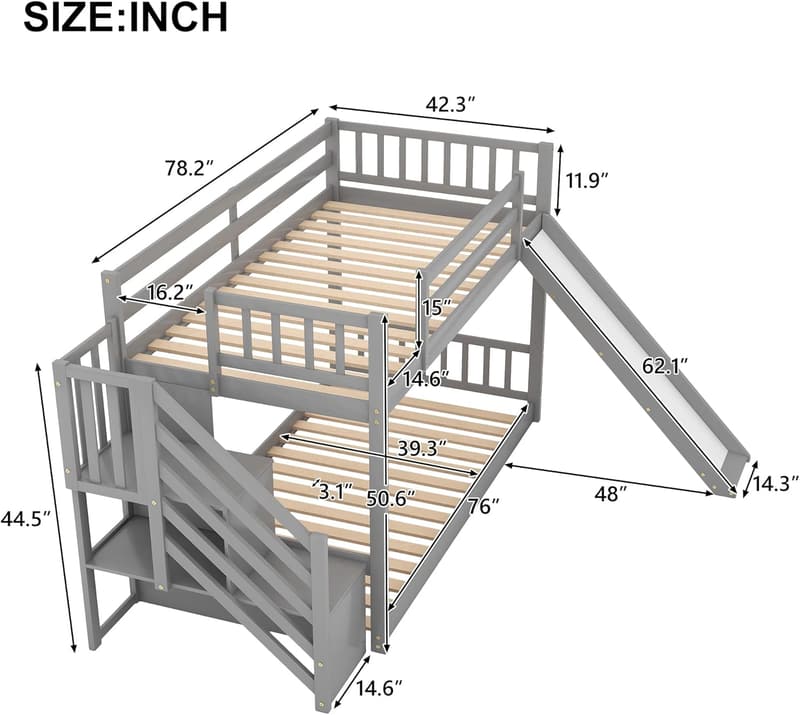 Kids Twin Over Twin Bunk Bed with Stairs and Slide