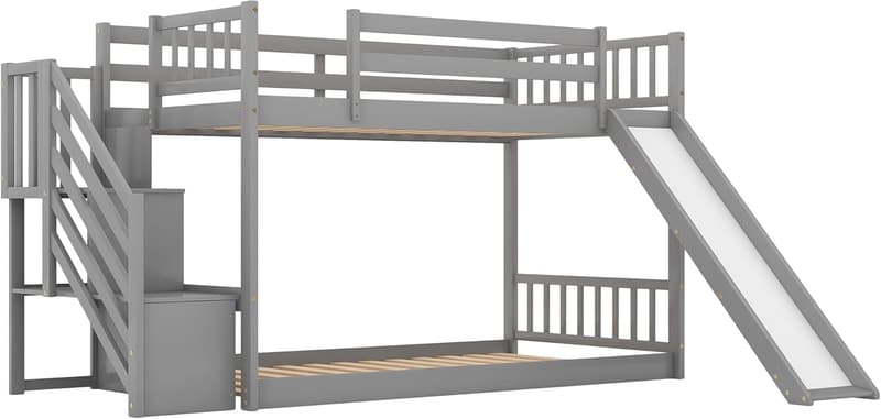 Kids Twin Over Twin Bunk Bed with Stairs and Slide