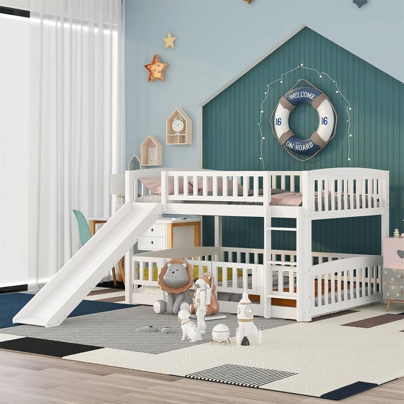 White Full Over Full Low Bunk Bed with Slide for Kids
