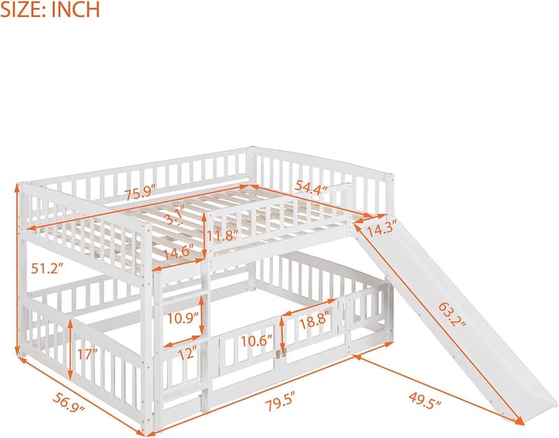 White Full Over Full Low Bunk Bed with Slide for Kids