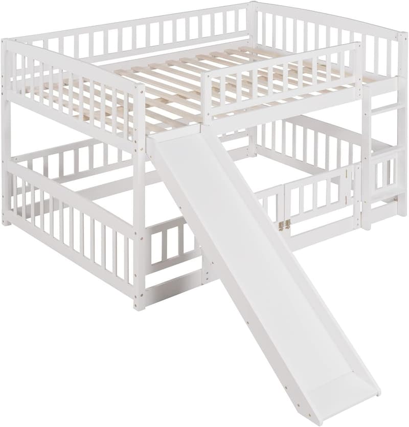 White Full Over Full Low Bunk Bed with Slide for Kids