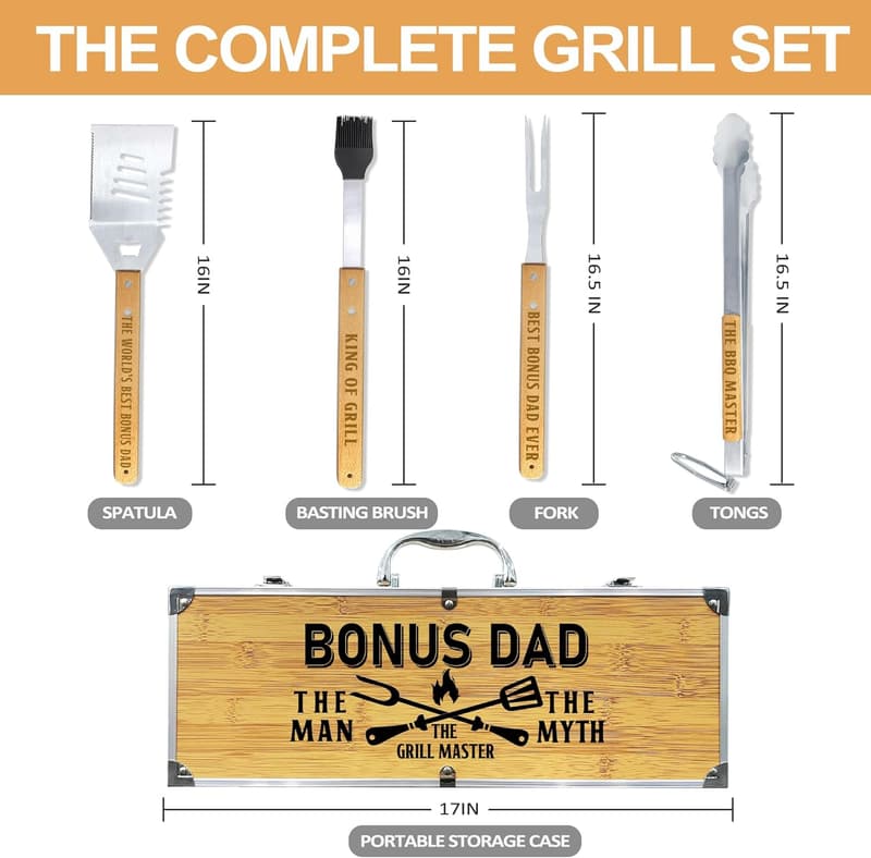 Father's Day BBQ Grilling Kit - Heavy-Duty Wooden Utensils