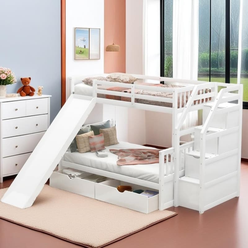 Kids Twin Over Full Bunk Bed with Slide and Drawers, White