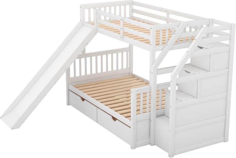 Kids Twin Over Full Bunk Bed with Slide and Drawers, White