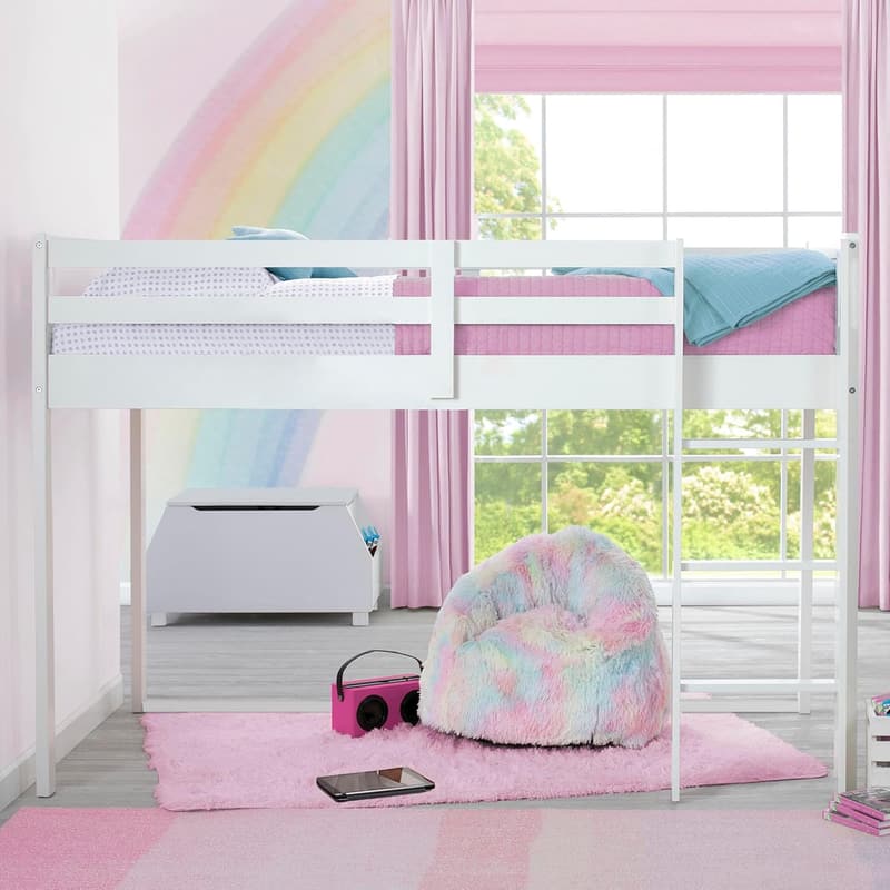 Twin Loft Bed with Guardrail and Ladder, White