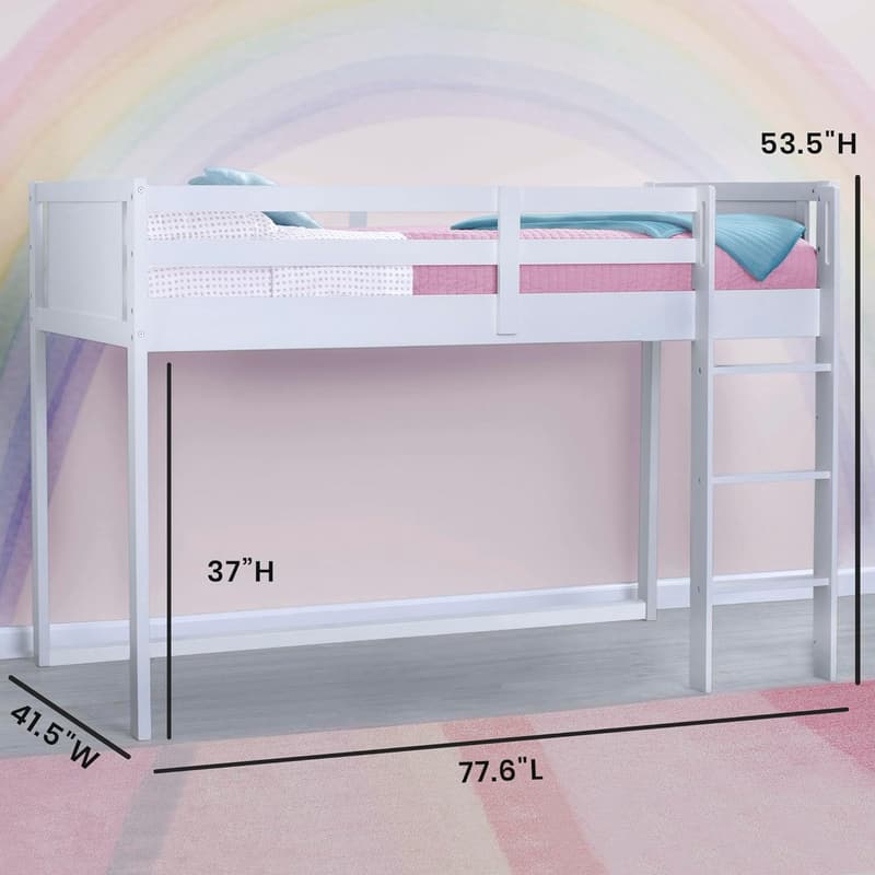 Twin Loft Bed with Guardrail and Ladder, White