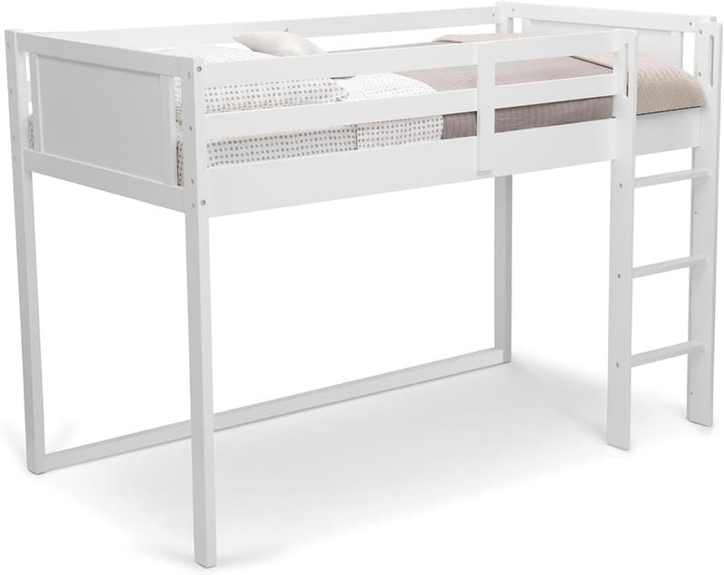 Twin Loft Bed with Guardrail and Ladder, White