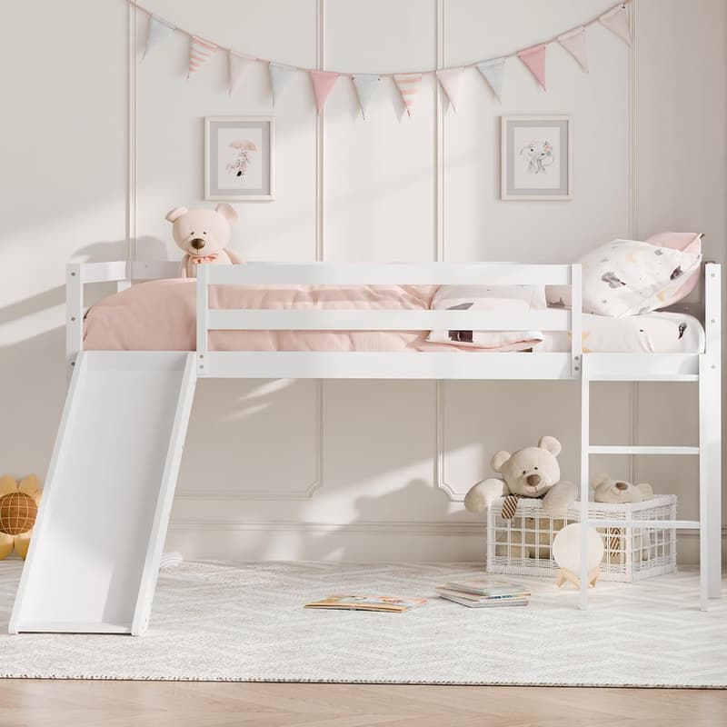 White Wood Low Loft Bed with Slide & Storage for Kids